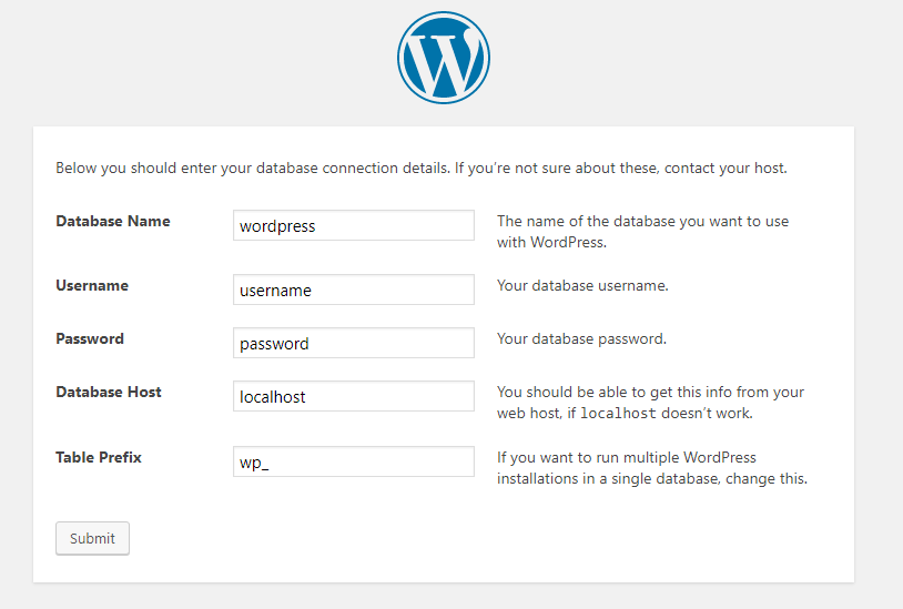 detail form to install WordPress - Install WordPress on Your Server/localhost