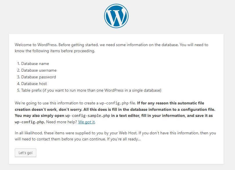 required details for WordPress Install - Install WordPress on Your Server/localhost