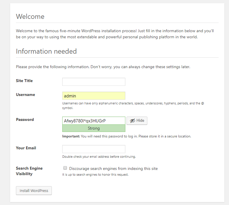 site details - Install WordPress on Your Server/localhost